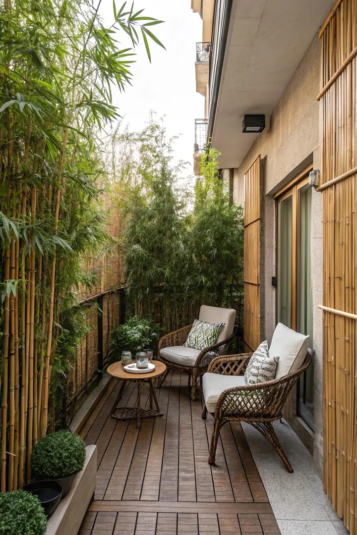 Bamboo privacy screen and tall planter creating a secluded terrace space