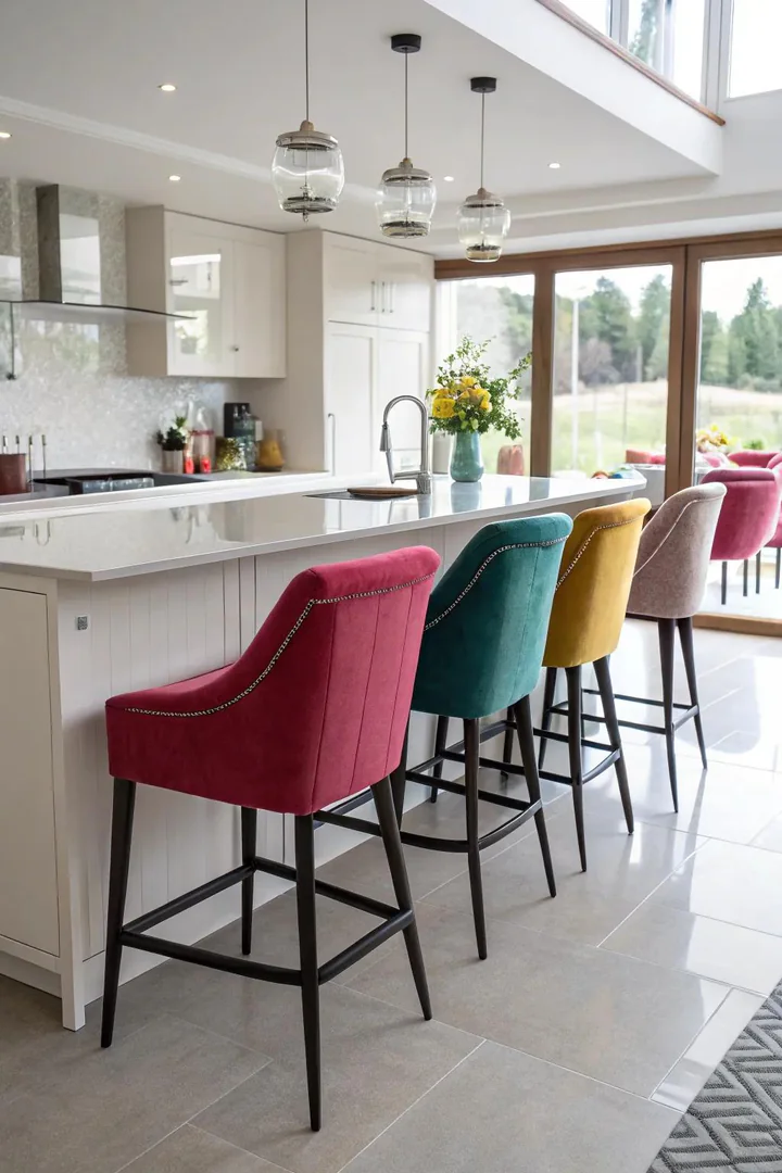 Kitchen peninsula with contrasting bar stools for visual interest.