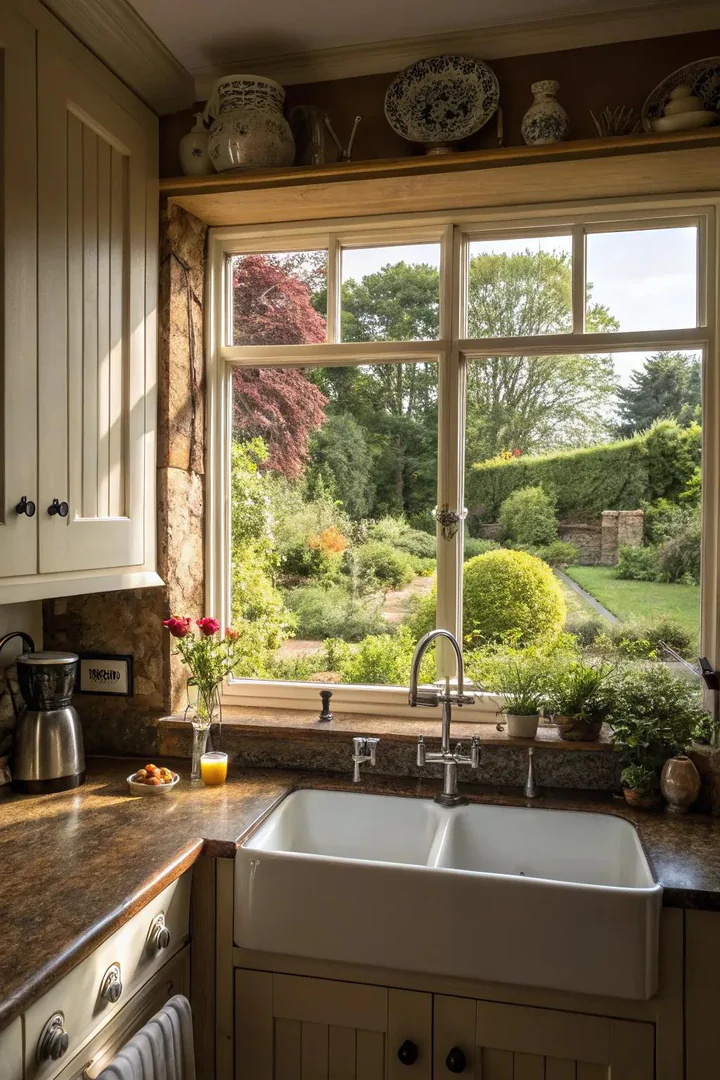 Large picture window over a kitchen sink.