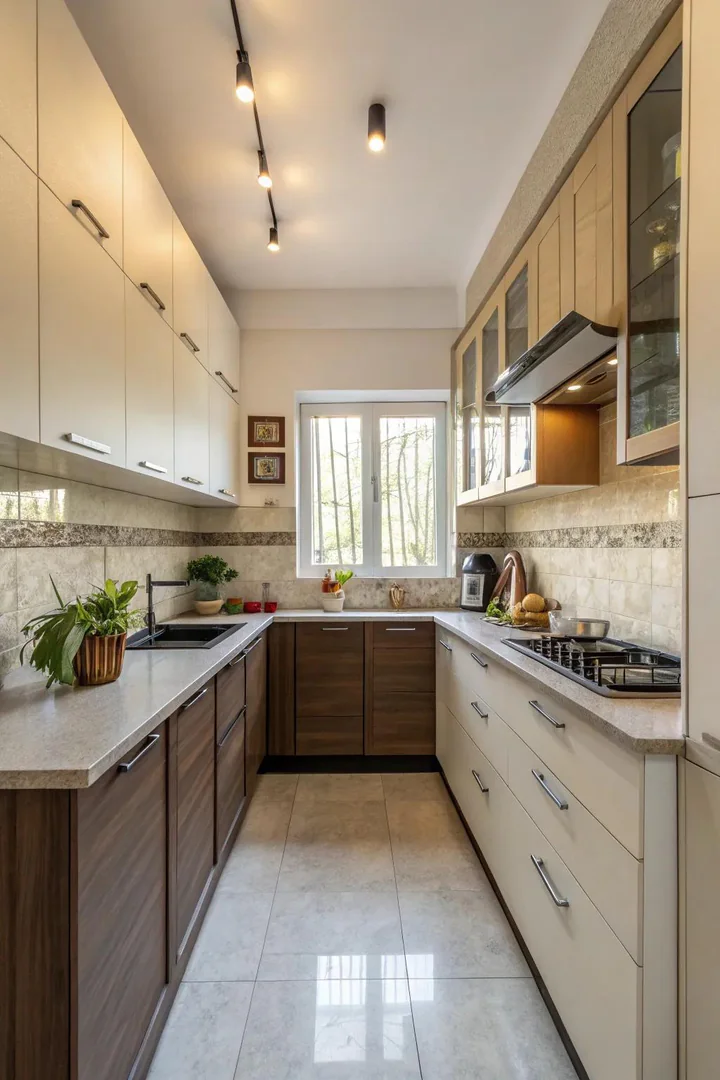 Two-tone cabinet color scheme in a small kitchen.