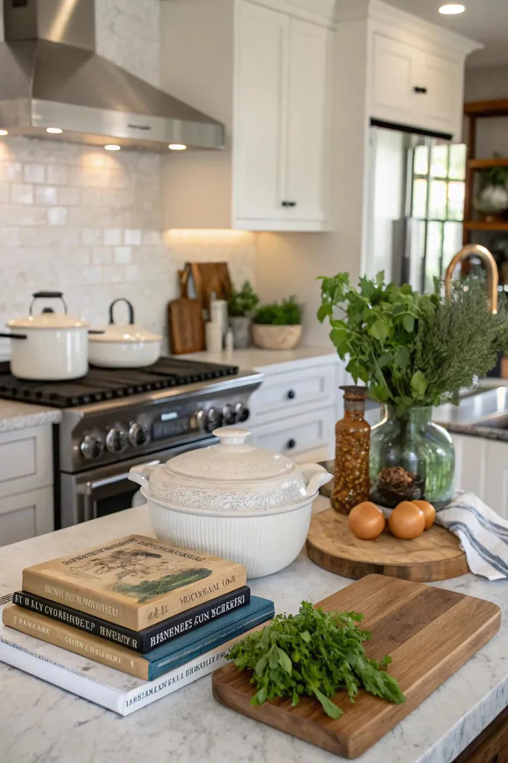 Minimal kitchen accessories arranged on a marble countertop