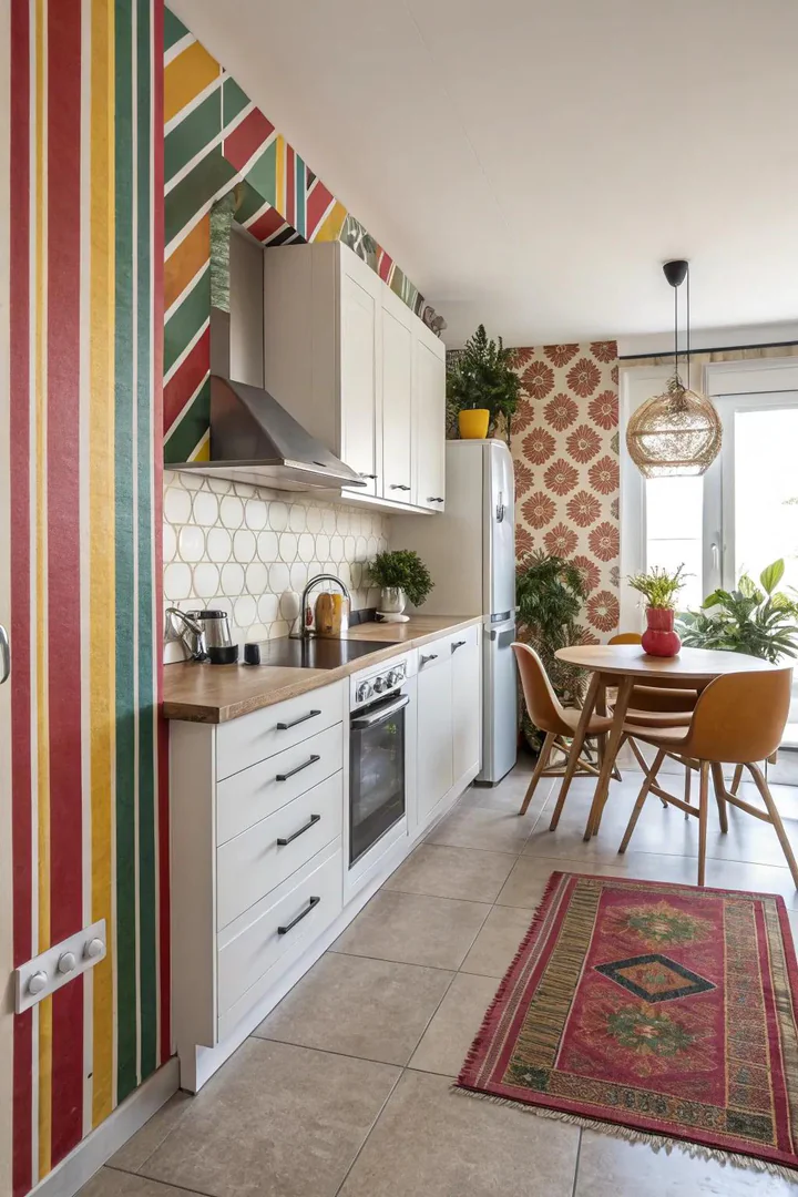 Funky patterned accent wall in a kitchen.