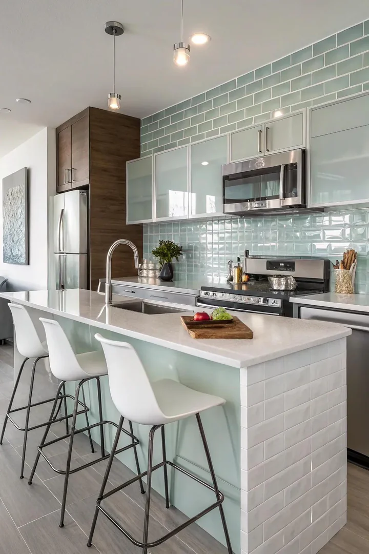 Glass tile backsplash with light reflections.