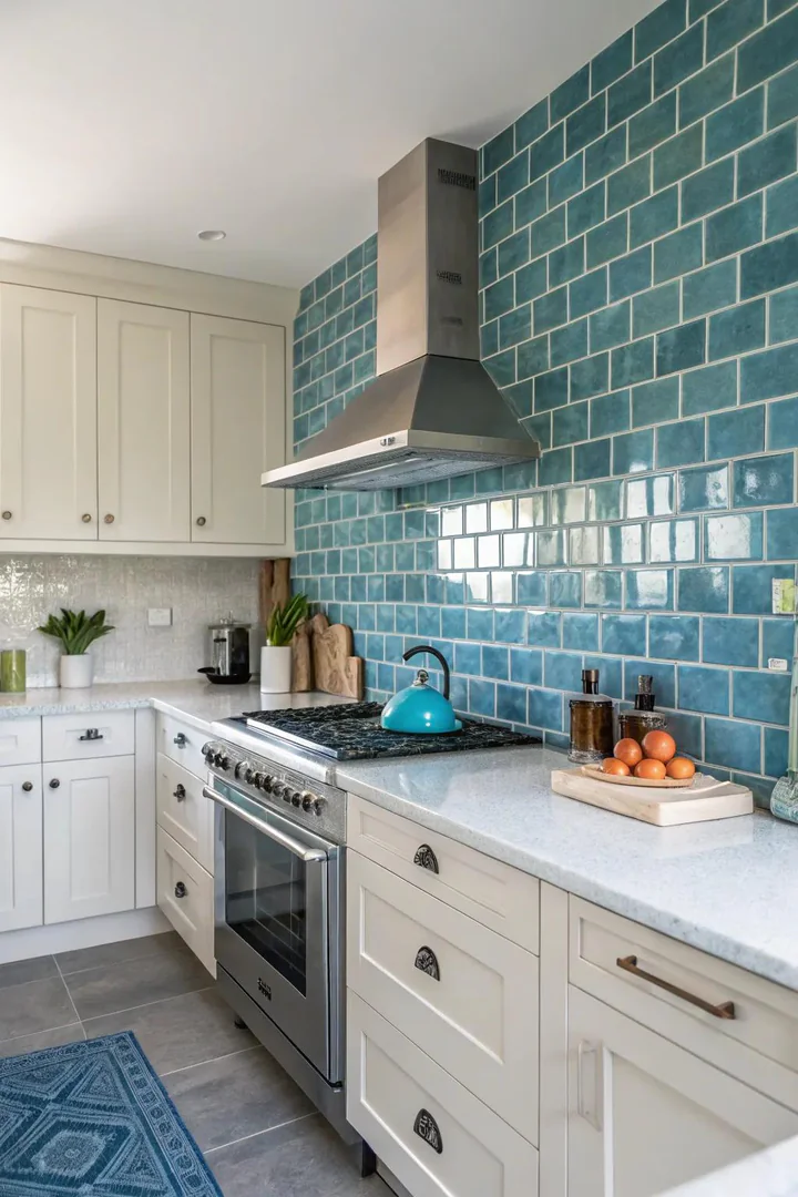 Ocean blue ceramic tile backsplash paired with white cabinetry