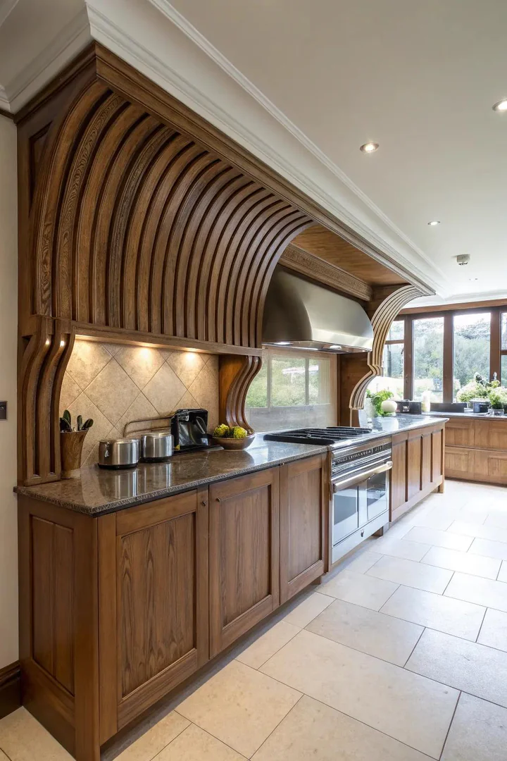 A bulkhead with elegant curved lines, softening the kitchen's appearance.