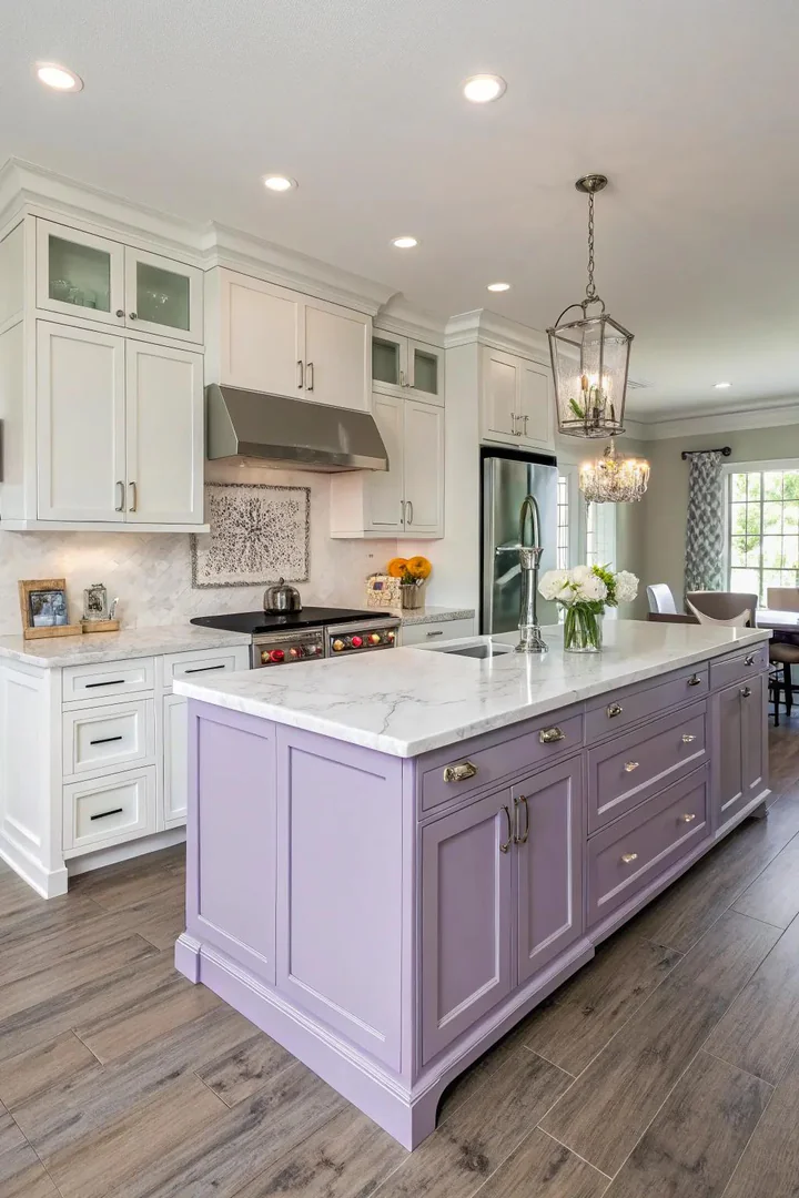 Lavender kitchen island paired with white cabinets