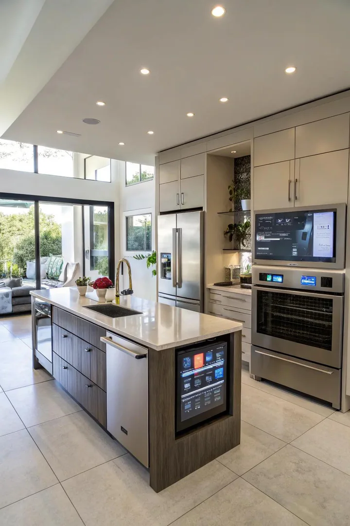 Kitchen with touchless faucet and tablet-controlled lighting