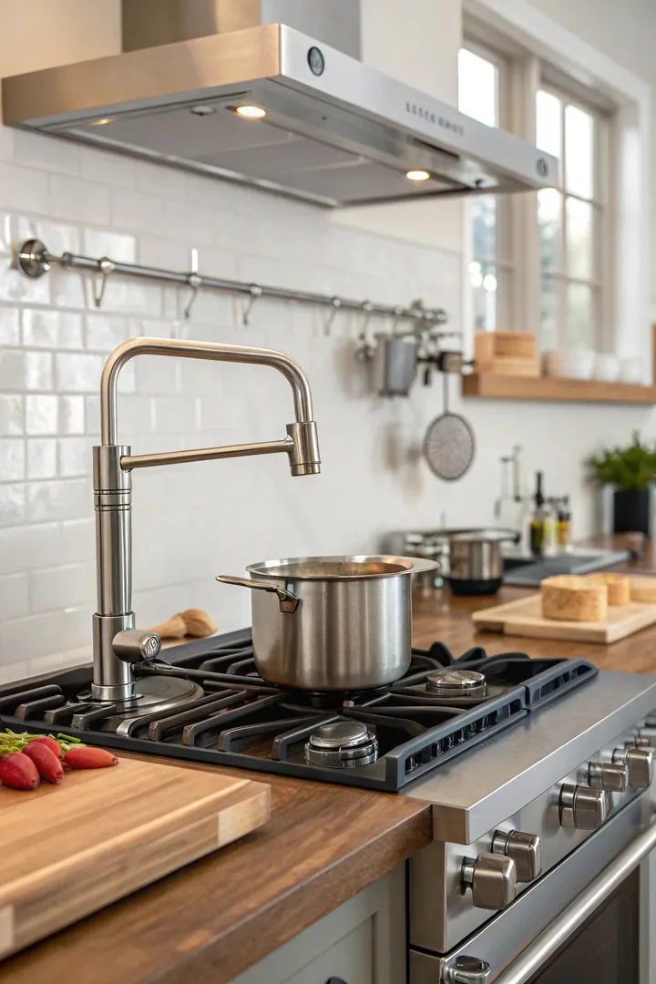 Pot filler faucet installed above a kitchen range.