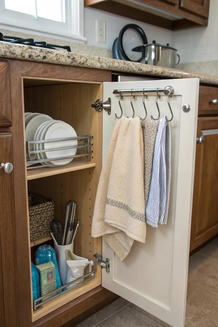 Over-the-door towel bar on a kitchen cabinet.