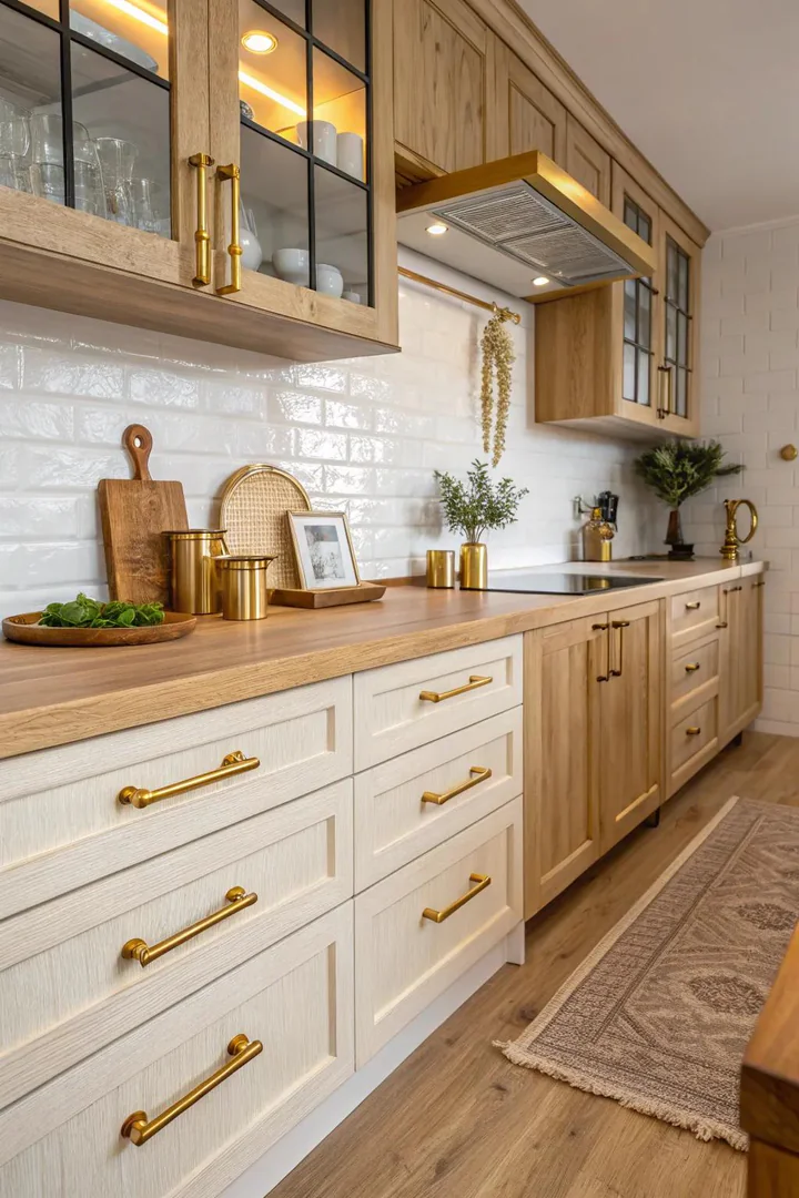 Natural wood kitchen cabinets with gold hardware.