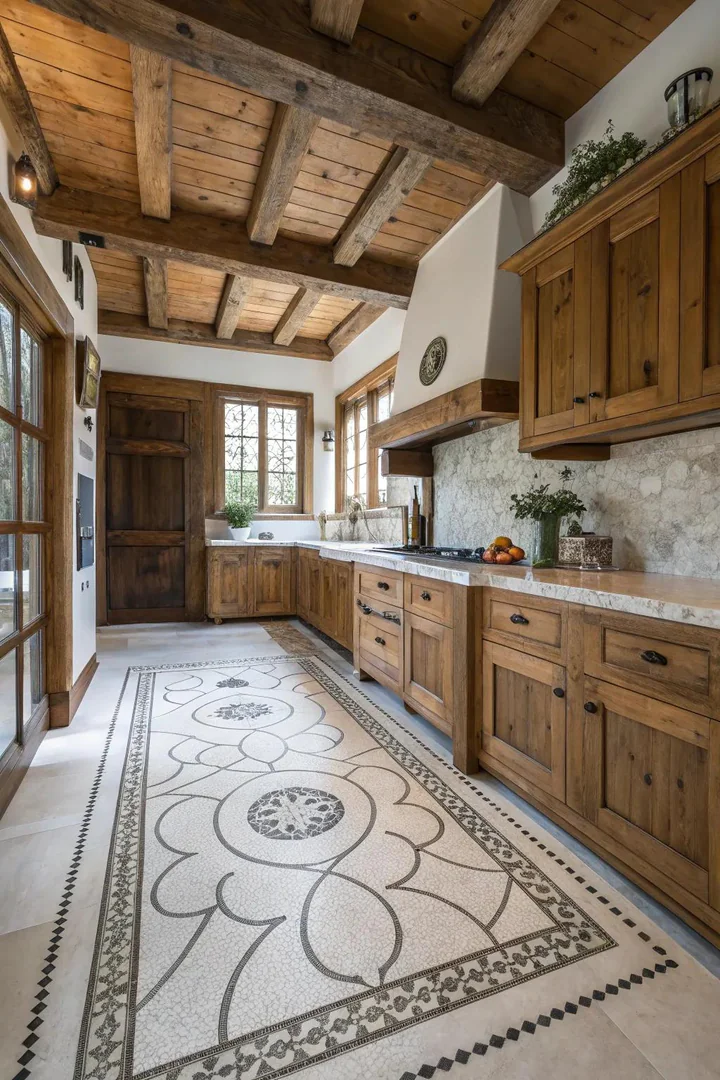 Snow white marble mosaic kitchen floor.