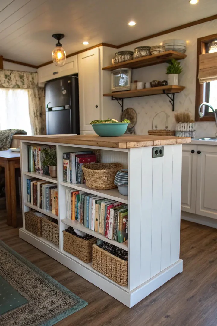 Kitchen island with a shallow bookshelf on one side holding cookbooks and decor