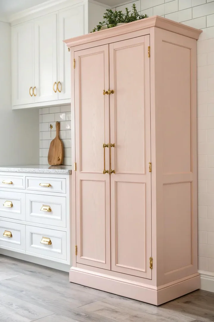 Soft pink blush painted kitchen cabinets.