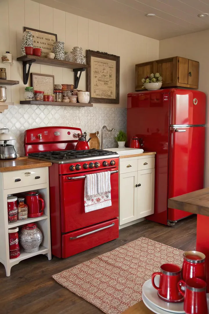 Eclectic kitchen with mixed red shades and textures.