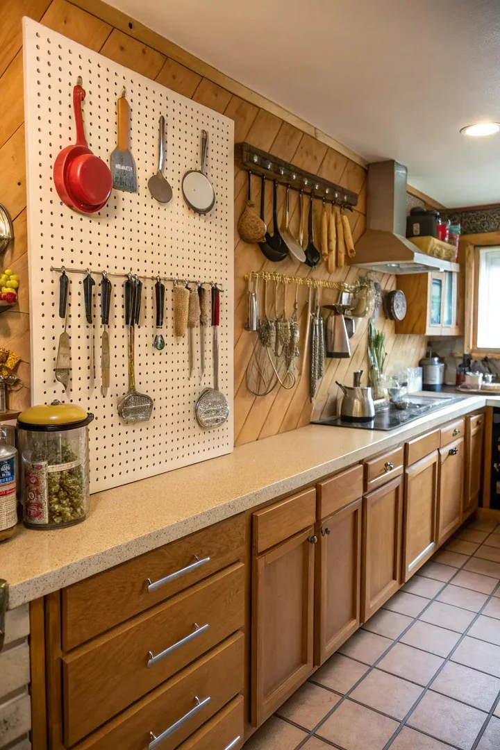 Painted pegboard on a kitchen wall holding utensils and pots