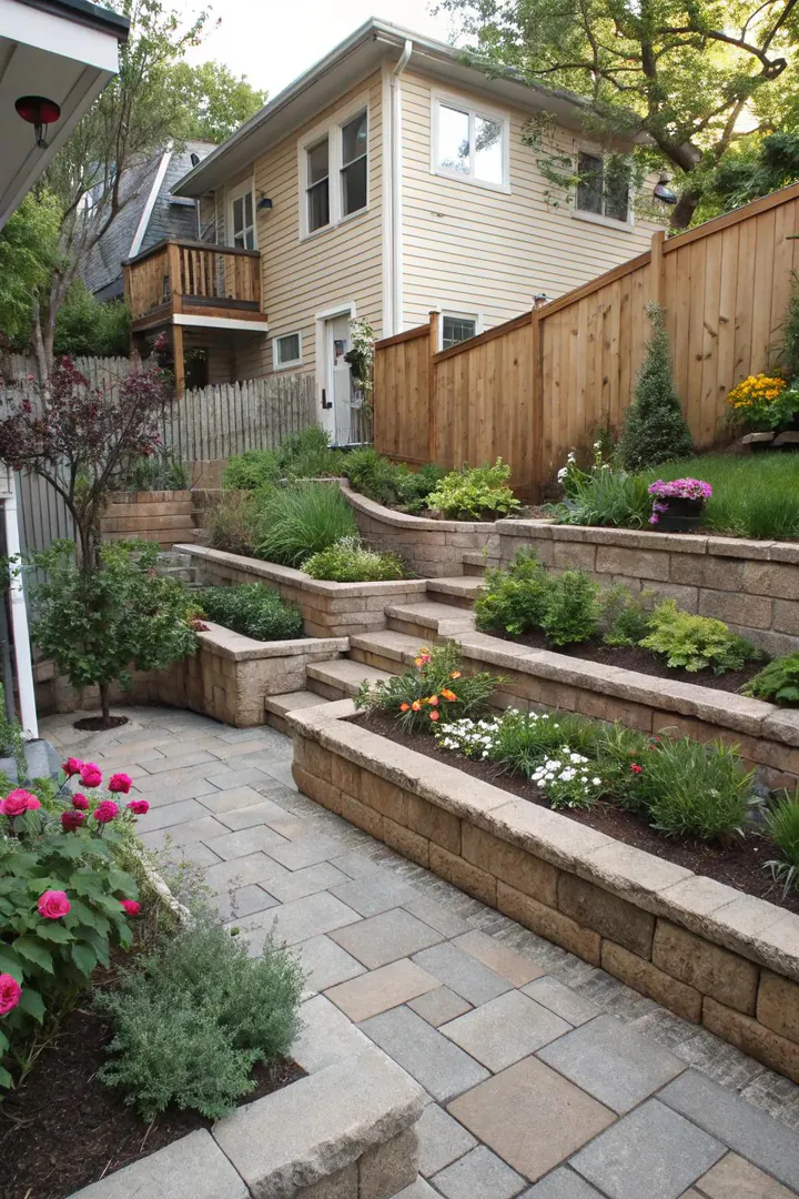 Tiered retaining walls creating multiple levels for planting and seating in a sloped small backyard