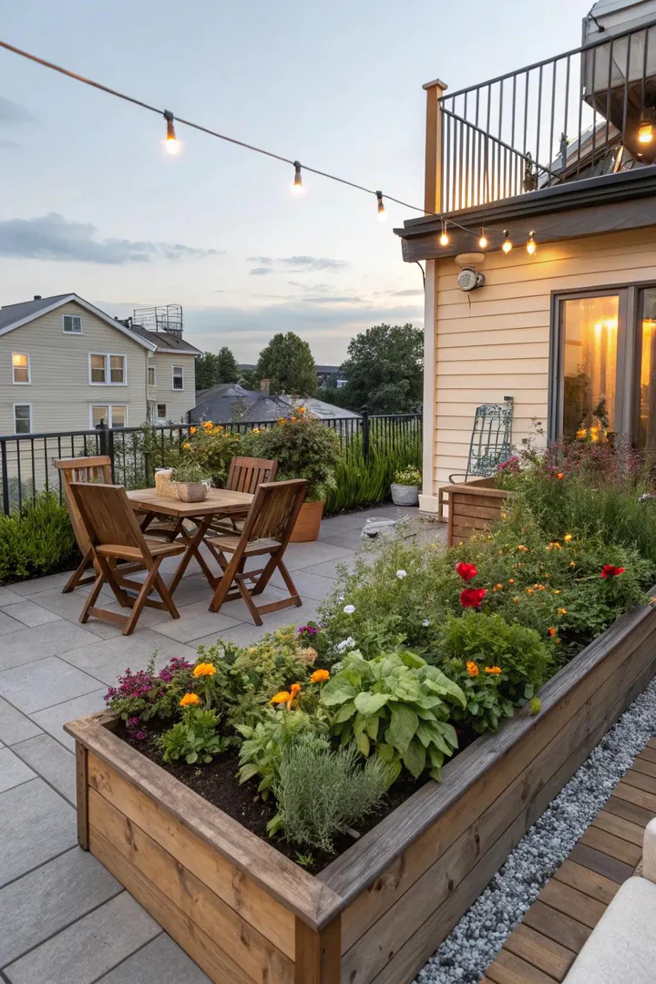 Narrow raised garden bed along a townhouse patio wall with herbs and small vegetables growing