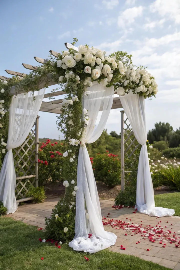 Wedding ceremony arch decorated with flowers and fabric.
