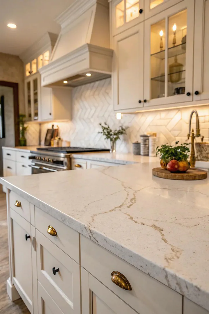 Textured white limestone kitchen countertop.