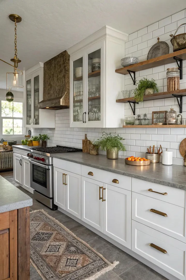 White kitchen cabinets with mixed metal hardware and gray countertops.