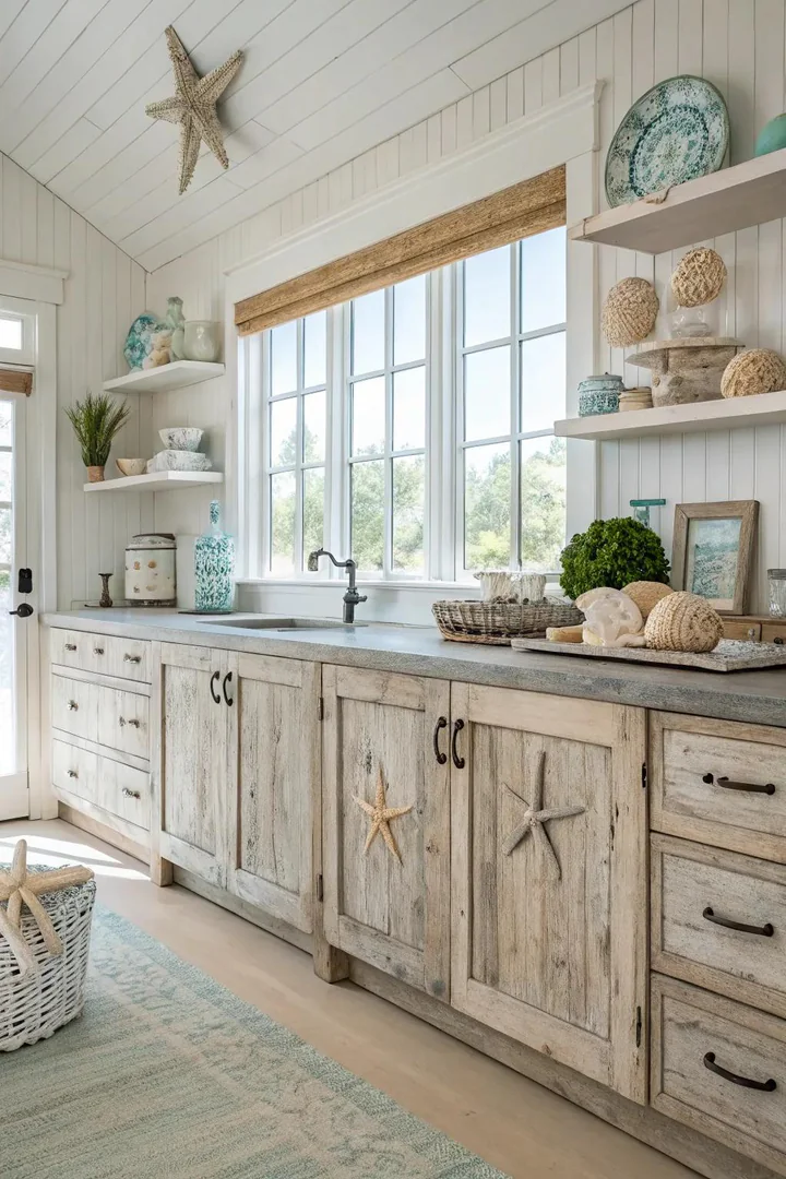 Driftwood finish on wood kitchen cabinets.