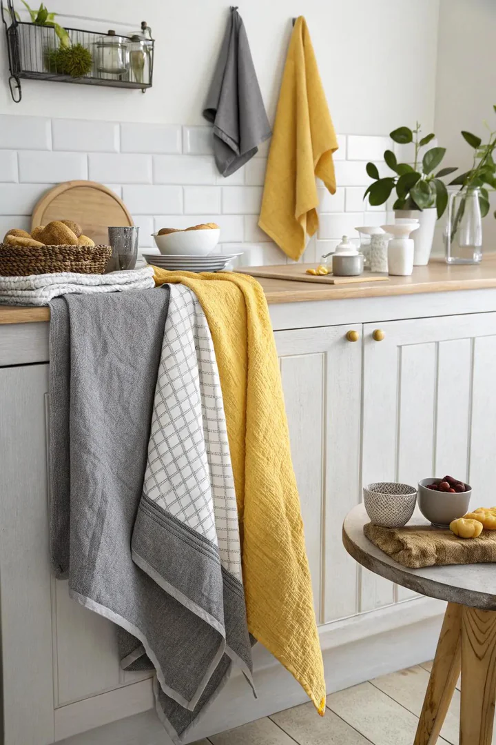 Yellow and grey linen tea towels and oven mitts in the kitchen.