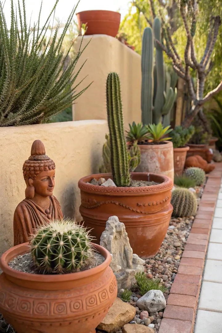 Terracotta pots, tile accents, and a clay chiminea arranged on a desert patio