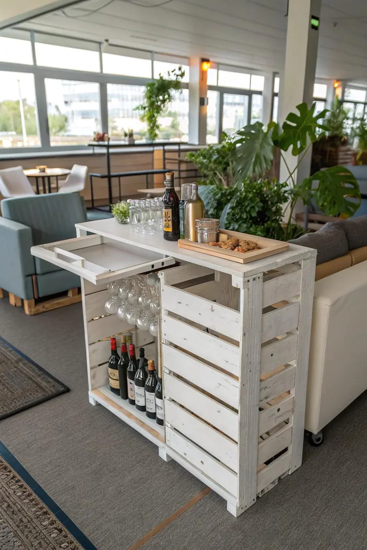 Pallet bar with hinged top that converts into a potting bench and storage unit