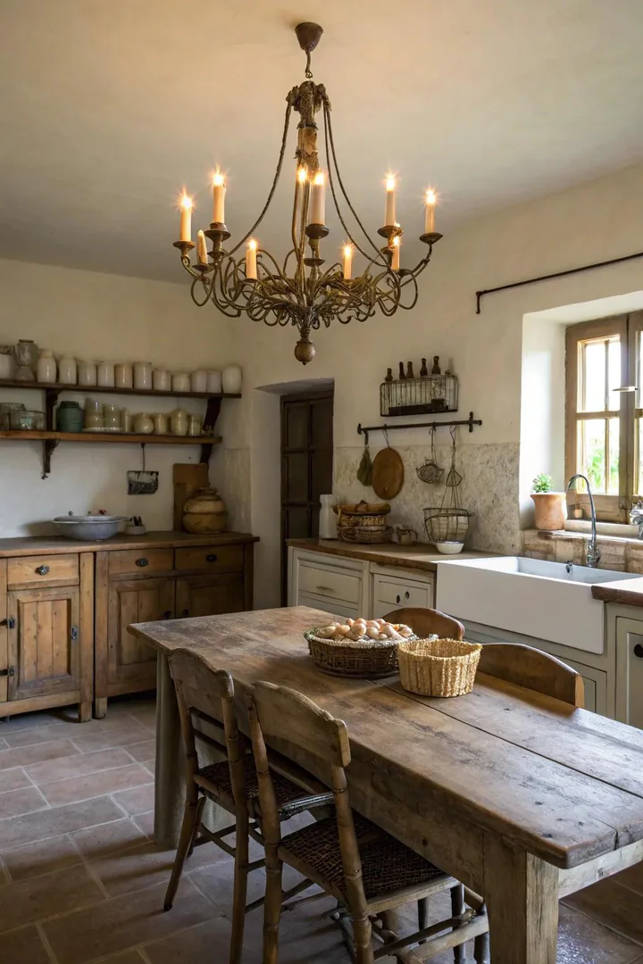 Iron candle-style chandelier with warm bulbs in a farmhouse kitchen