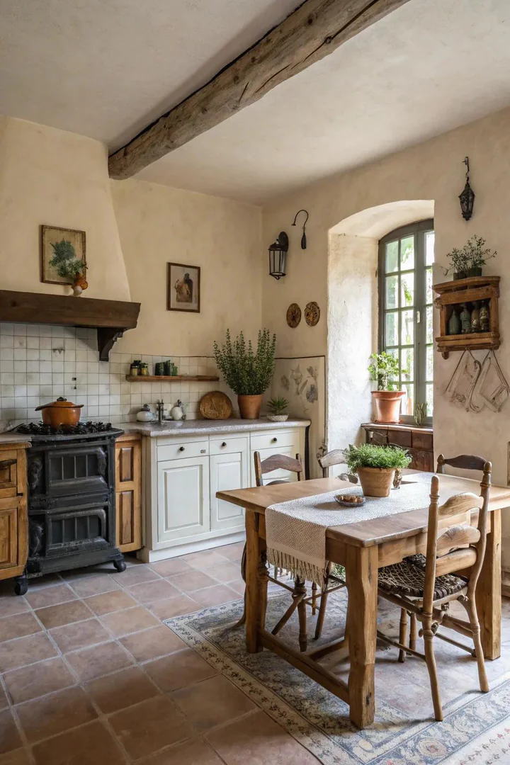 Textured plaster walls in a French country kitchen.