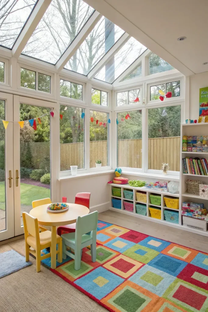 sunroom set up as a children's playroom with toys, books, and a small table