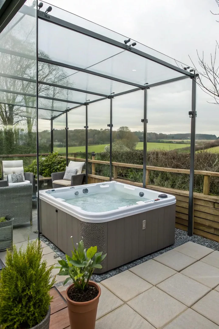 Slatted cedar windbreak wall shielding a hot tub from prevailing wind on an open patio