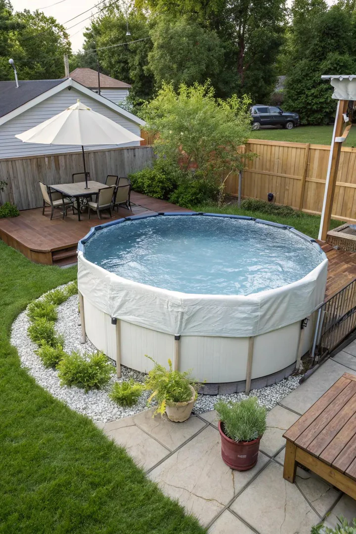 Above-ground pool with a fitted winter cover secured by cable and winch system