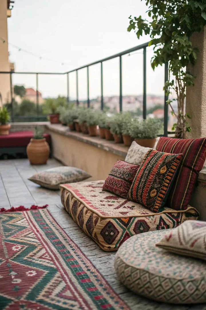 Small terrace with patterned outdoor rug, textured cushions, and mixed material planters