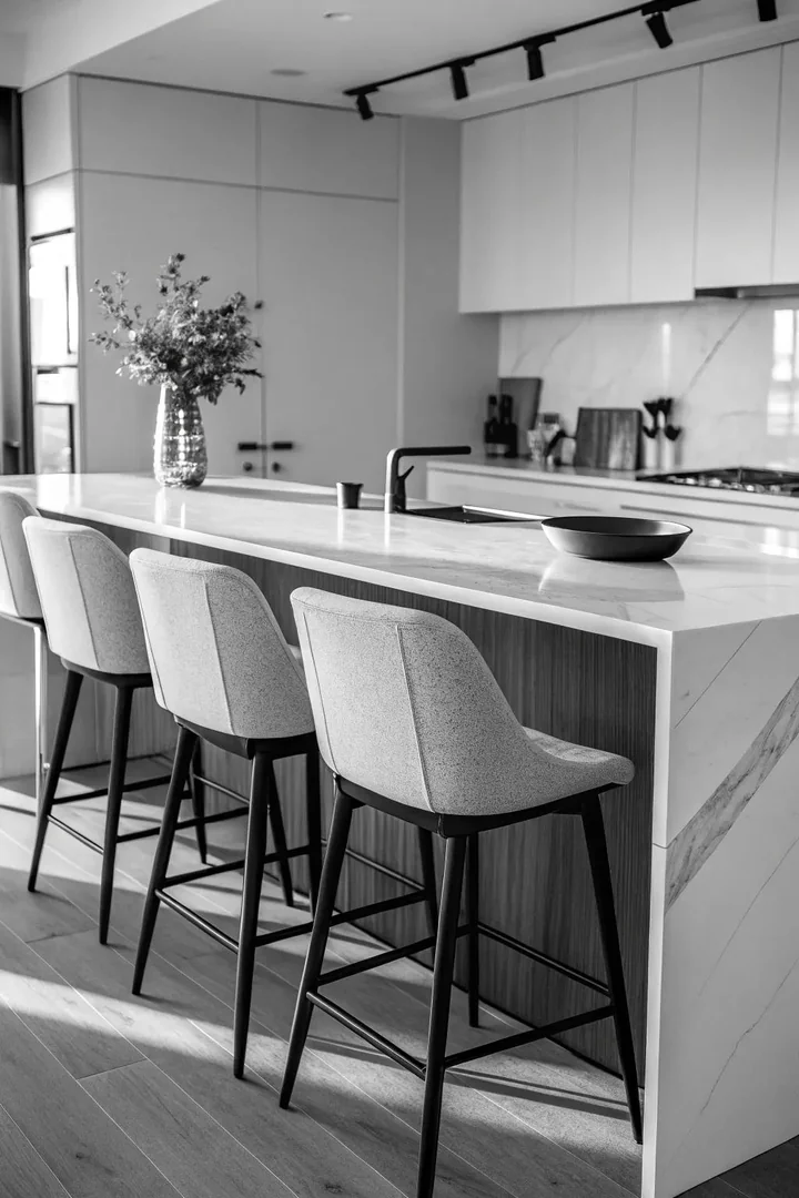 Monochromatic kitchen peninsula in a single color palette.
