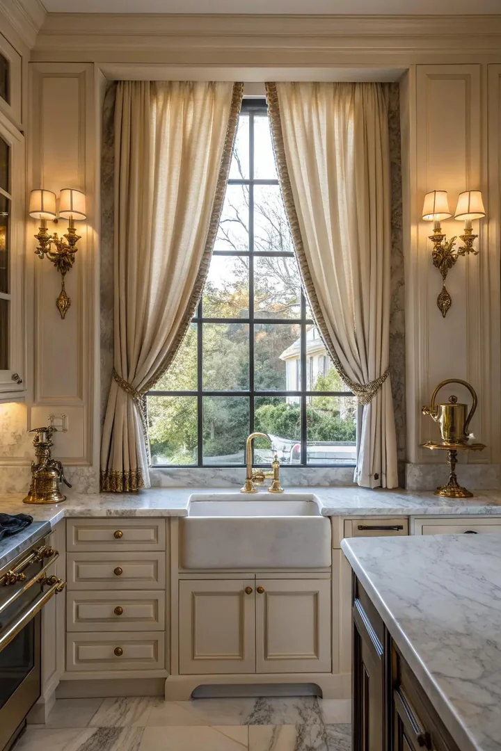 Brass hardware accents around a kitchen window over the sink.