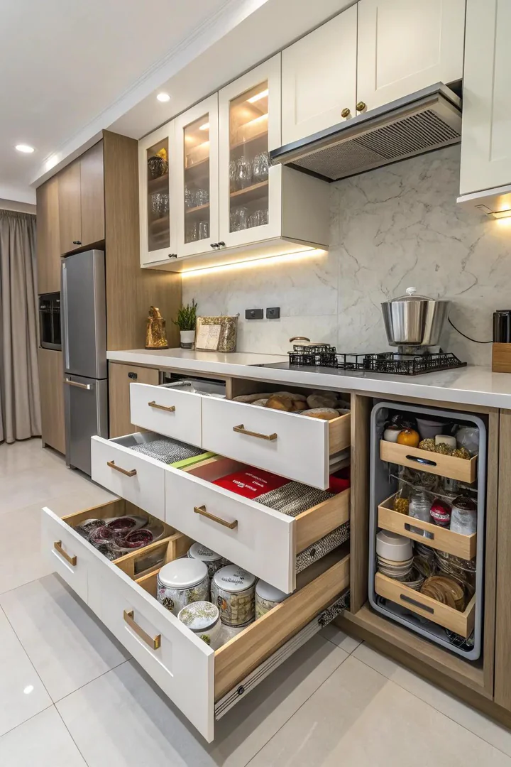 Smart storage solutions opening up a windowless kitchen.