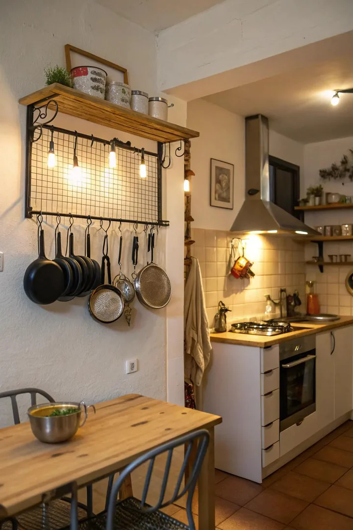 Wall-mounted pan rail in a small kitchen.