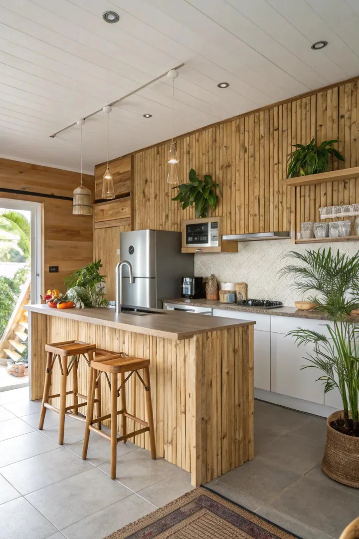 Natural material accent wall in a kitchen.