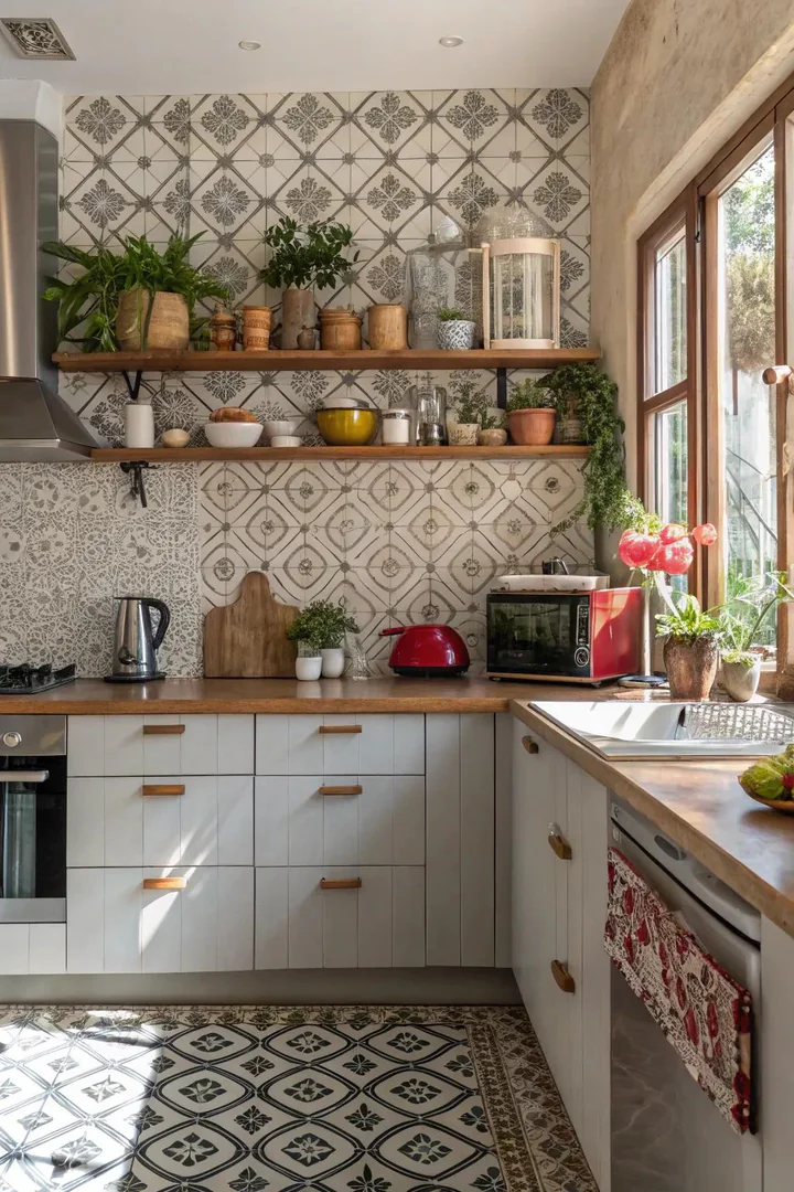 Patterned cement tile kitchen backsplash.