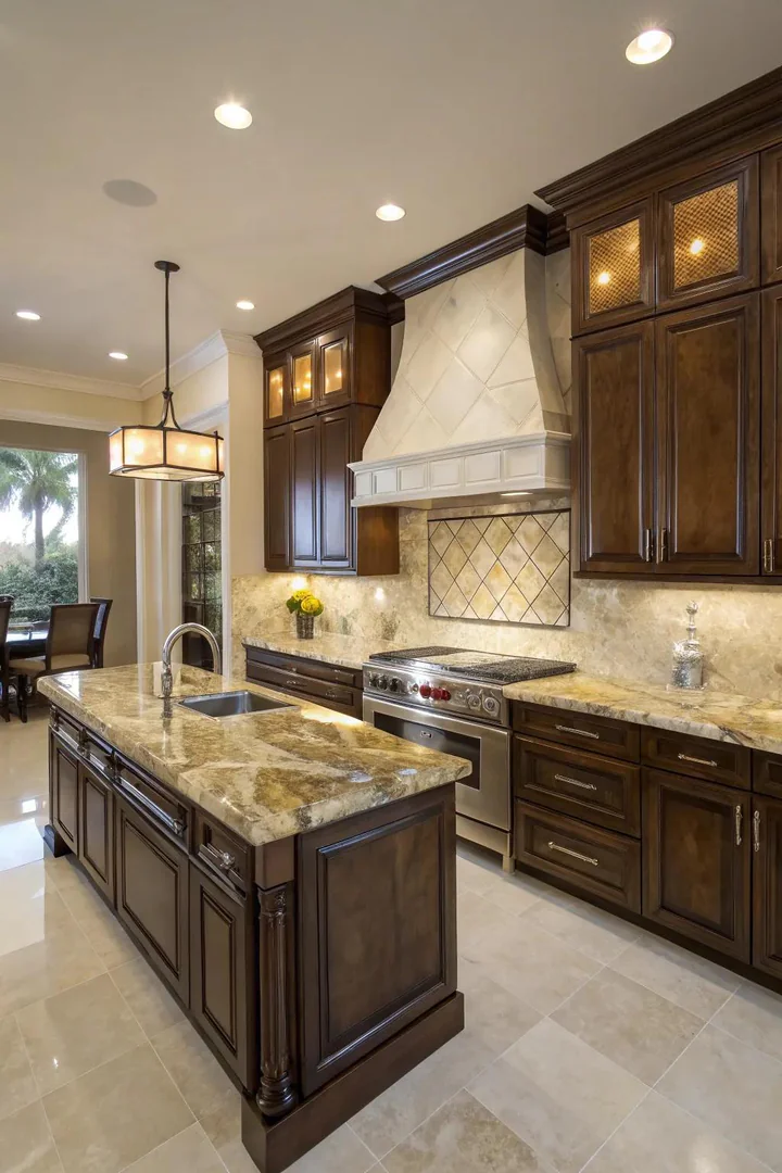 Backlit honey onyx backsplash glowing with warm amber light