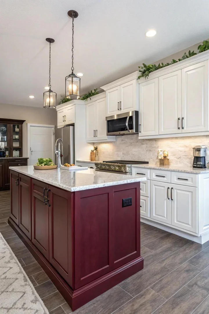 Burgundy kitchen island contrasting with white cabinets