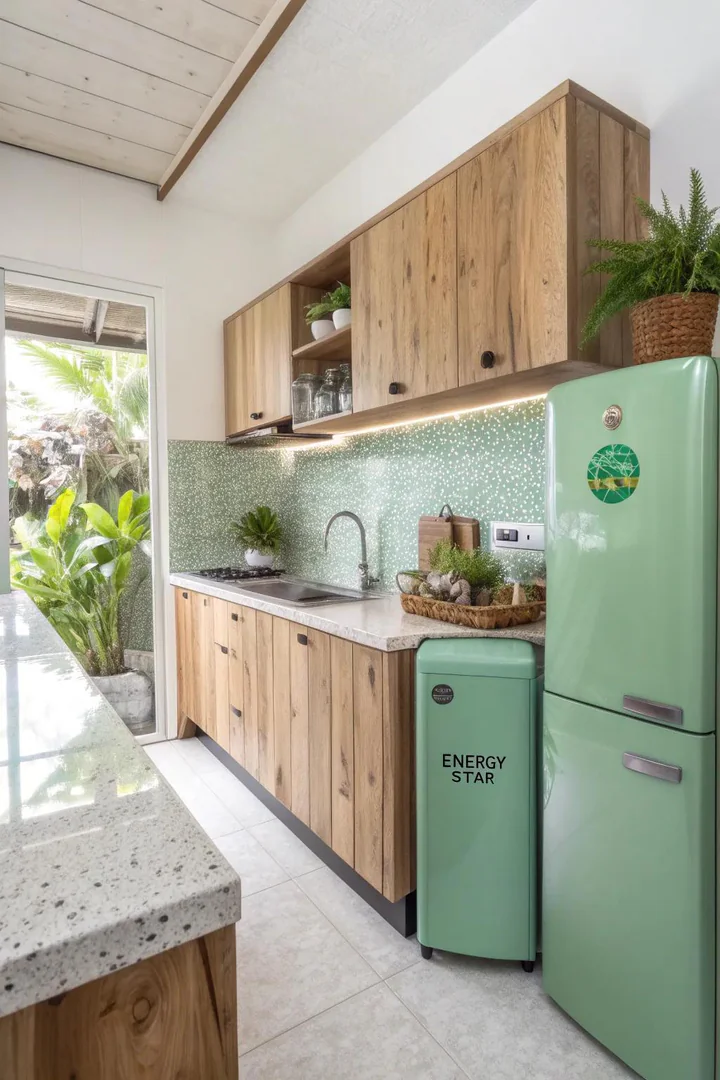 Eco-friendly kitchen with bamboo cabinets and recycled glass countertop