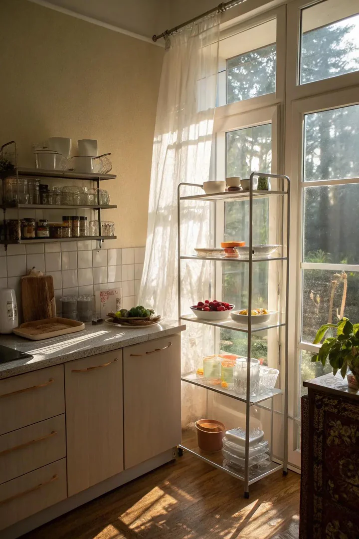 Clear acrylic shelf inserts inside kitchen cabinets.