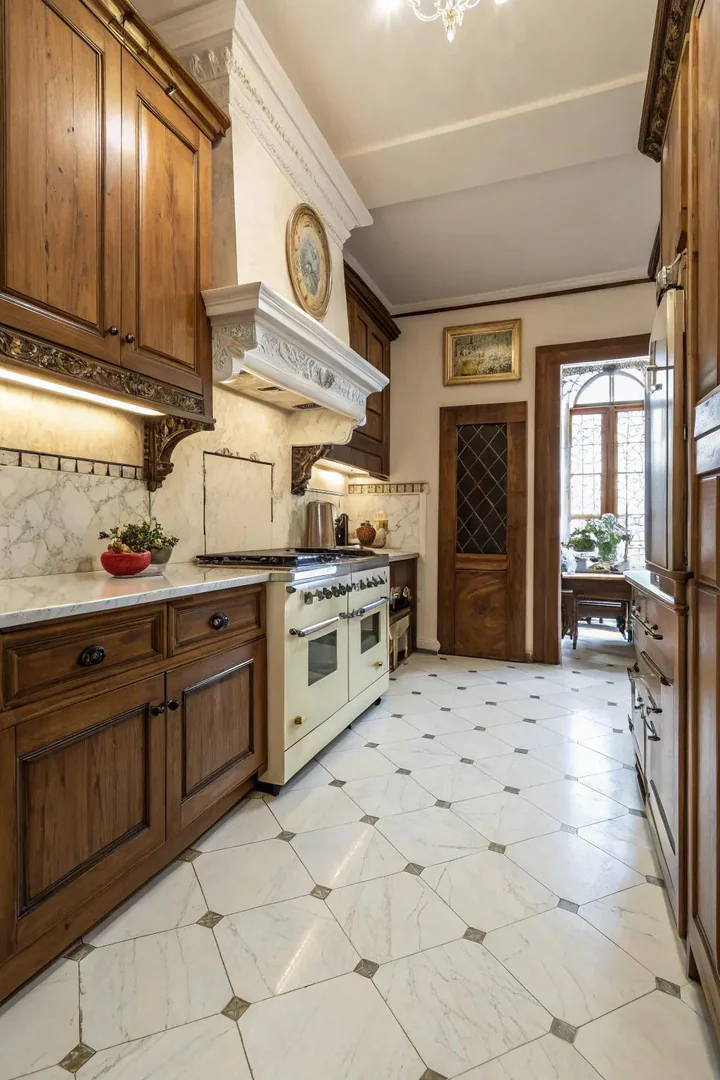 Bianco Carrara marble floor in a vintage kitchen pattern.