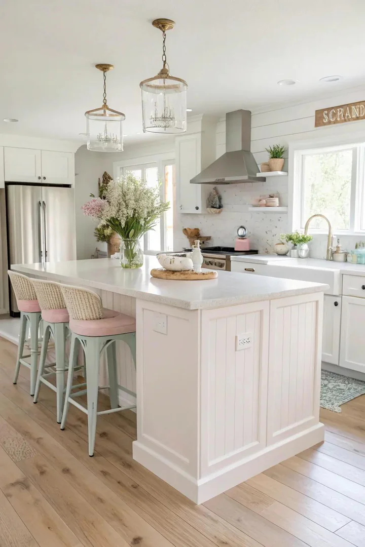 Pure white painted island reflecting light in a small mobile home kitchen
