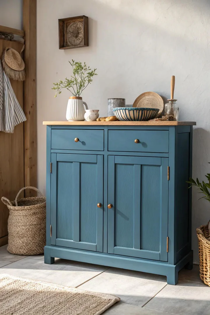 Vintage teal blue painted kitchen cabinets.