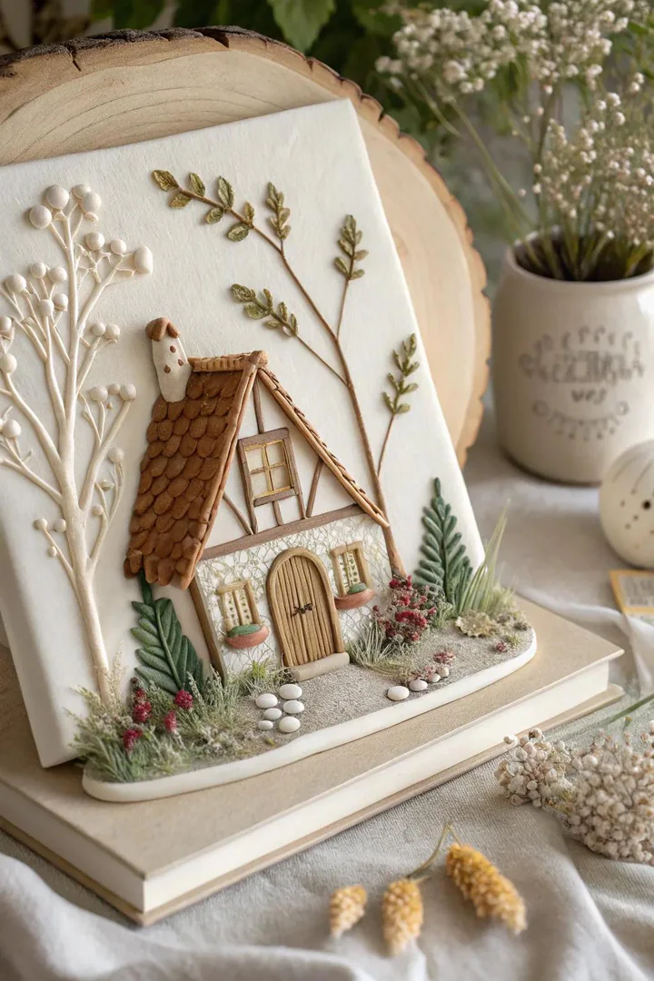 Storybook scene polymer clay kitchen wall art.