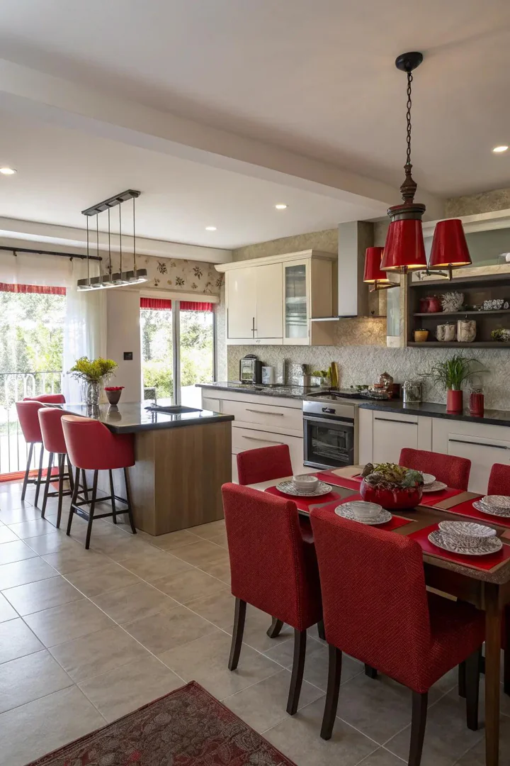 Open-concept kitchen with red accent pieces.