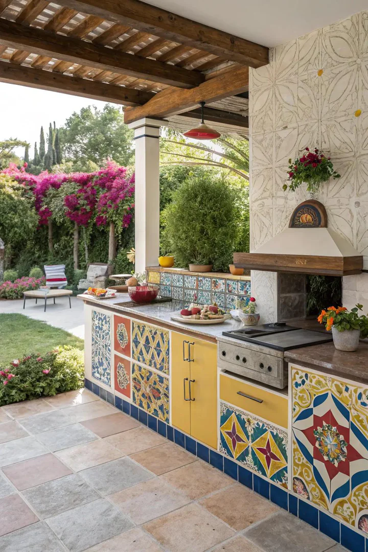 Outdoor kitchen with bold color accents.